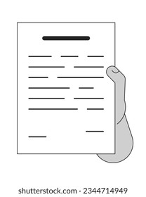 Holding paperwork bw concept vector spot illustration. Reading document 2D cartoon flat line monochromatic hand for web UI design. Corporate focused paper holding editable isolated outline hero image