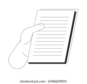 Holding paperwork cartoon human hand outline illustration. Looking papers. Reading files 2D isolated black and white vector image. Review documents. Checking report flat monochromatic drawing clip art