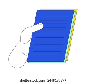 Holding paperwork linear cartoon character hand illustration. Looking papers. Reading files outline 2D vector image, white background. Review documents. Checking report editable flat color clipart