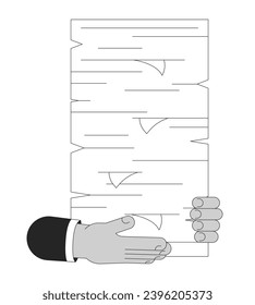 Holding paperwork pile cartoon human hands outline illustration. Bureaucracy. Responsibilities at work 2D isolated black and white vector image. Paper overload flat monochromatic drawing clip art