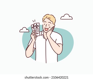  Holding passport boarding pass ticket. Hand drawn style vector design illustrations.