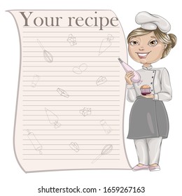 Сonfectioner Is Holding A Pastry Bag And In His Other Hand Is A Cupcake. Vector Cartoon Character. Recipe Card Template For Cookbook