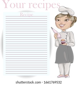 Сonfectioner Is Holding A Pastry Bag And In His Other Hand Is A Cupcake. Vector Cartoon Character. Recipe Card Template For Cookbook