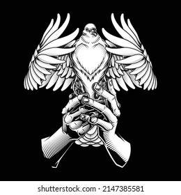 Holding peace. Vector illustration of human hands holding white flying pigeon in engraving technique isolated on white. 