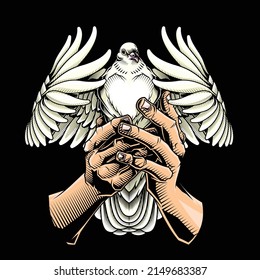 Holding peace. Vector illustration of human hands holding white flying pigeon in engraving technique isolated on white. 