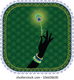 Holding Peacock feather on a seamless pattern with framed background - Inspired by Indian art henna - Detailed and easily editable