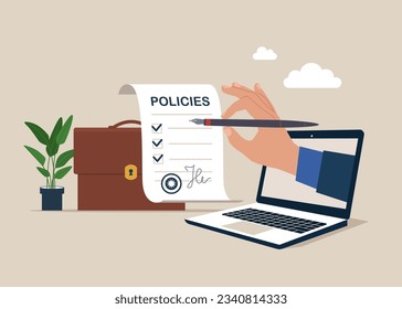 Holding pen with company policy document and business briefcase. Vector illustration.