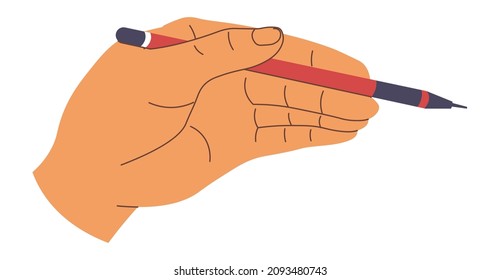 Holding pen or sharp pencil in hand, drawing or writing letter. Isolated palm with tool, school or university project, working in workshop or studio on painting or sketch. Vector in flat style