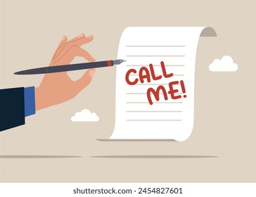 Segurando caneta pensando em "Call me!" escrito no bloco de notas. Ilustração vetorial plana moderna.