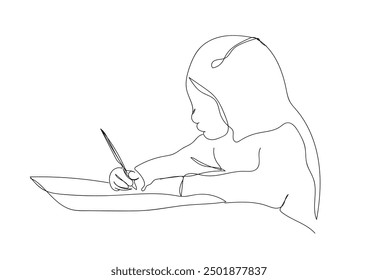 Holding pen and writing on a blank sheet of paper. Concept education design. Little girl doing homeworks on table illustration sketch doodle hand drawn with black lines isolated on white background. 