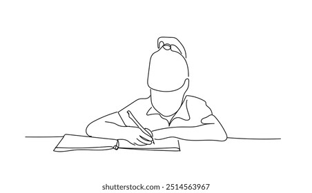 Holding pen and writing on a blank sheet of paper. Concept education design. Little girl doing homeworks on table illustration sketch doodle hand drawn with black lines isolated on white background.