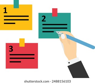 Holding pencil categorized sticky notes. Sorting important or urgency tasks, prioritize work for project management. Flat vector illustration.

