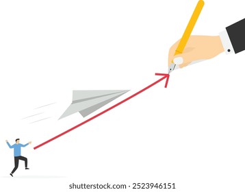 Holding pencil pointing direction for successful. Career takeoff and development. Profitable investment. Flat vector illustration.

