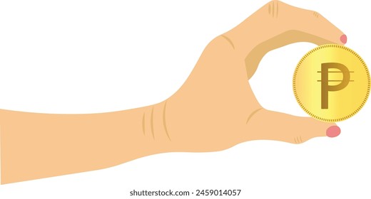 Holding a Peso symbol coin gold color in between the fingers isolated on white background. Editable peso coin clipart vector eps available