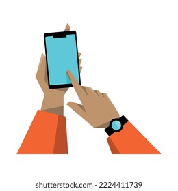 
Holding the phone with both hands. Editable smartphone template. Touching the screen with your finger. Vector illustration isolated on white background