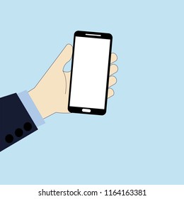 Holding a Phone in Businessman hand on blue background.