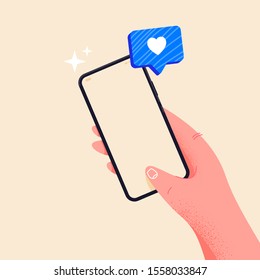 Holding Phone In Hand. Empty Screen, Phone Mockup. Editable Smartphone Template Vector Illustration On Isolated Background. Receive A Blue Heart. Application On Touch Screen Device. E-learning Concept