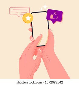 Holding phone in hand and rate content with a star mockup. Empty, editable screen for online shopping, marketing and other needs. Editable smartphone template vector illustration.