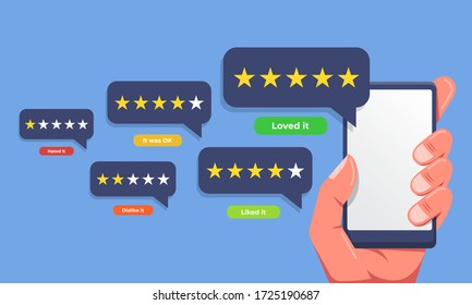 Holding phone in hand and rate content with a star mockup. Empty, editable screen for online shopping, marketing and other needs. Editable smartphone template vector illustration.