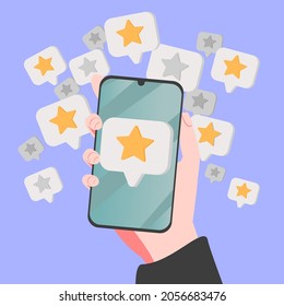 Holding phone in hand and rate content with a star mockup. Empty, editable screen for online shopping, marketing and other needs. Editable smartphone template vector illustration.