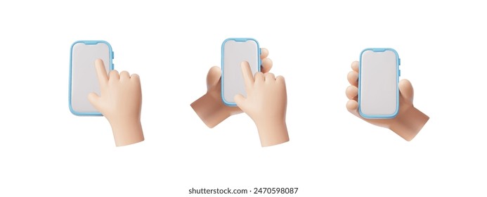 Holding phone in hands 3D vector illustrations set. Touching blue mobile smartphone white screen with forefinger, scrolling, swipe or click. Empty showcase gadget display, device mockup