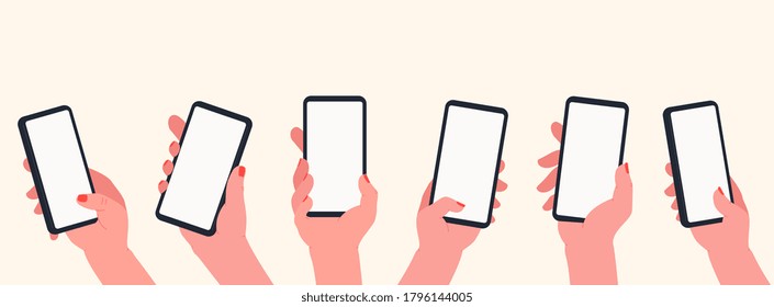 Holding phone in hands. Set of hands with blank smartphone screen. Communication and social media concept, learning, apps on touch screen device.