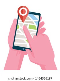 Holding phone with map and marker. Mobile gps navigation and tracking concept. Flat vector cartoon illustration. Location track app on touch screen smartphone
