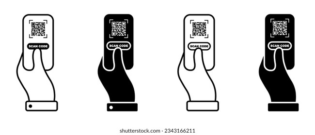 Holding phone and scanning qr code. Scanning qr code  with smartphone. Scan barcode. Vector 10 Eps. 
