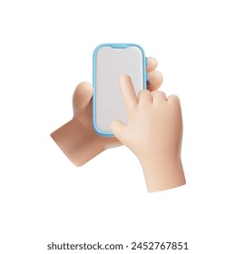 Holding phone in two hands 3D vector illustration. Touching mobile smartphone screen with forefinger, scrolling, swipe or click on white screen. Empty showcase gadget display, device phone mockup