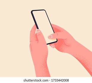 Holding phone in two hands. Empty screen, phone mockup. Editable smartphone template vector illustration on isolated background. Application on touch screen device. Learning or booking online concept