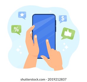 Holding phone in two hands, empty screen, phone template, surf the internet, learning or booking online. Flat cartoon vector illustration concept web banner design poster isolated on white background.