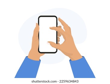 Manteniendo el teléfono en dos manos. Pantalla vacía, paro telefónico. Ilustración vectorial de plantilla de smartphone editable sobre fondo aislado. Aplicación en dispositivo de pantalla táctil. Aprender o reservar el concepto en línea