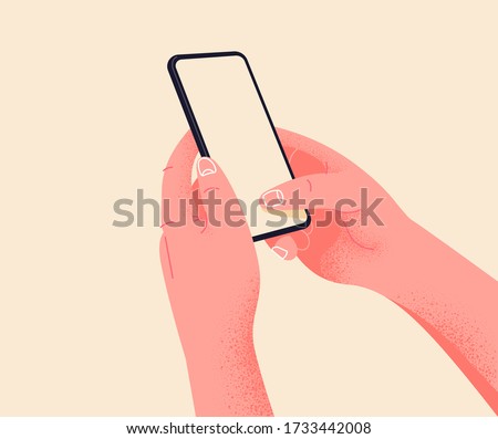 Holding phone in two hands. Empty screen, phone mockup. Editable smartphone template vector illustration on isolated background. Application on touch screen device. Learning or booking online concept