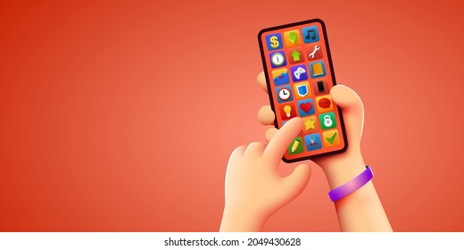 Manteniendo el teléfono en dos manos. Broma telefónica. Plantilla de smartphone modificable. Tocando la pantalla con el dedo. Ilustración del vector 