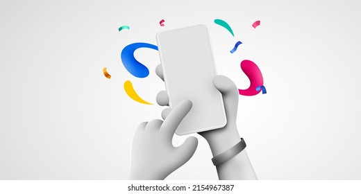 Holding phone in two hands. Phone mockup. Color explosion. Touching screen with finger. Vector illustration