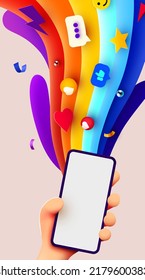 Holding phone in two hands. Phone mockup. Color explosion. Bright poster. Vector illustration