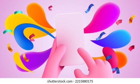 Manteniendo el teléfono en dos manos. Broma telefónica. Explosión de color. Tocando la pantalla con el dedo. Ilustración del vector