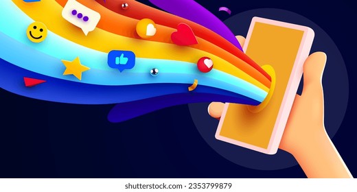 Manteniendo el teléfono en dos manos. Broma telefónica. Explosión de color. Afiche brillante. Ilustración del vector
