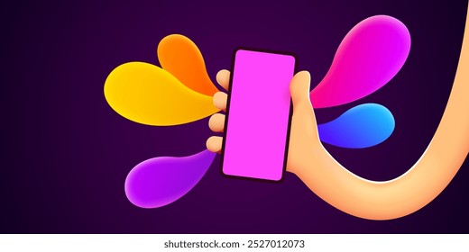 Holding phone in two hands. Phone mockup. Color explosion. Touching screen with finger. Vector illustration