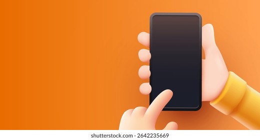 Holding phone in two hands. Phone mockup. Editable smartphone template. Touching screen with finger. Vector illustration 