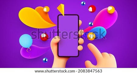 Holding phone in two hands. Phone mockup. Color explosion. Touching screen with finger. Vector illustration