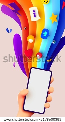 Holding phone in two hands. Phone mockup. Color explosion. Bright poster. Vector illustration