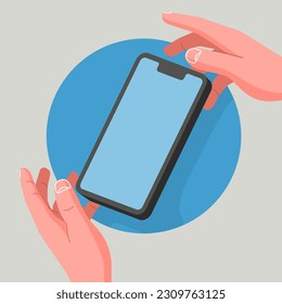 Holding phone in two hands. Modern flat style. Vector illustration
