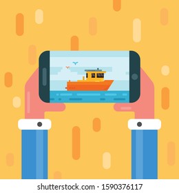 Holding a phone with a video game, nature, landscape, ship: flat vector illustration