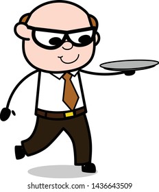 Holding a Plate - Retro Cartoon Father Old Boss Vector Illustration