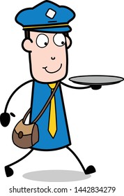 Holding a Plate - Retro Postman Cartoon Courier Guy Vector Illustration