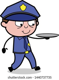 Holding a Plate in Single Hand While Walking - Retro Cop Policeman Vector Illustration