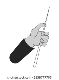 Holding pointer stick flat line black white vector character hand. Editable outline person body part. Teacher stick. Educational equipment simple cartoon isolated spot illustration for web design