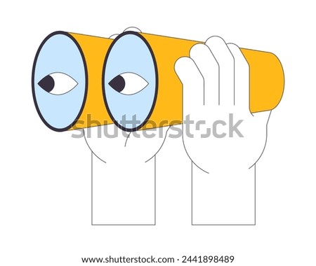 Holding powerful binoculars linear cartoon character hands illustration. Optical device to observe distant items outline 2D vector image, white background. Tourist supplies editable flat color clipart