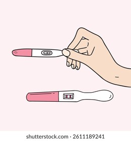 Holding a pregnancy test machine by hand. Hand drawn pregnancy-related vector design illustration.